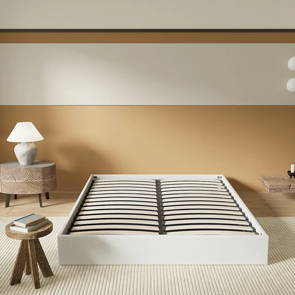 November Lit Coffre 140 x 200 cm - Sommier à lattes en bois - Cadre en tissu blanc
