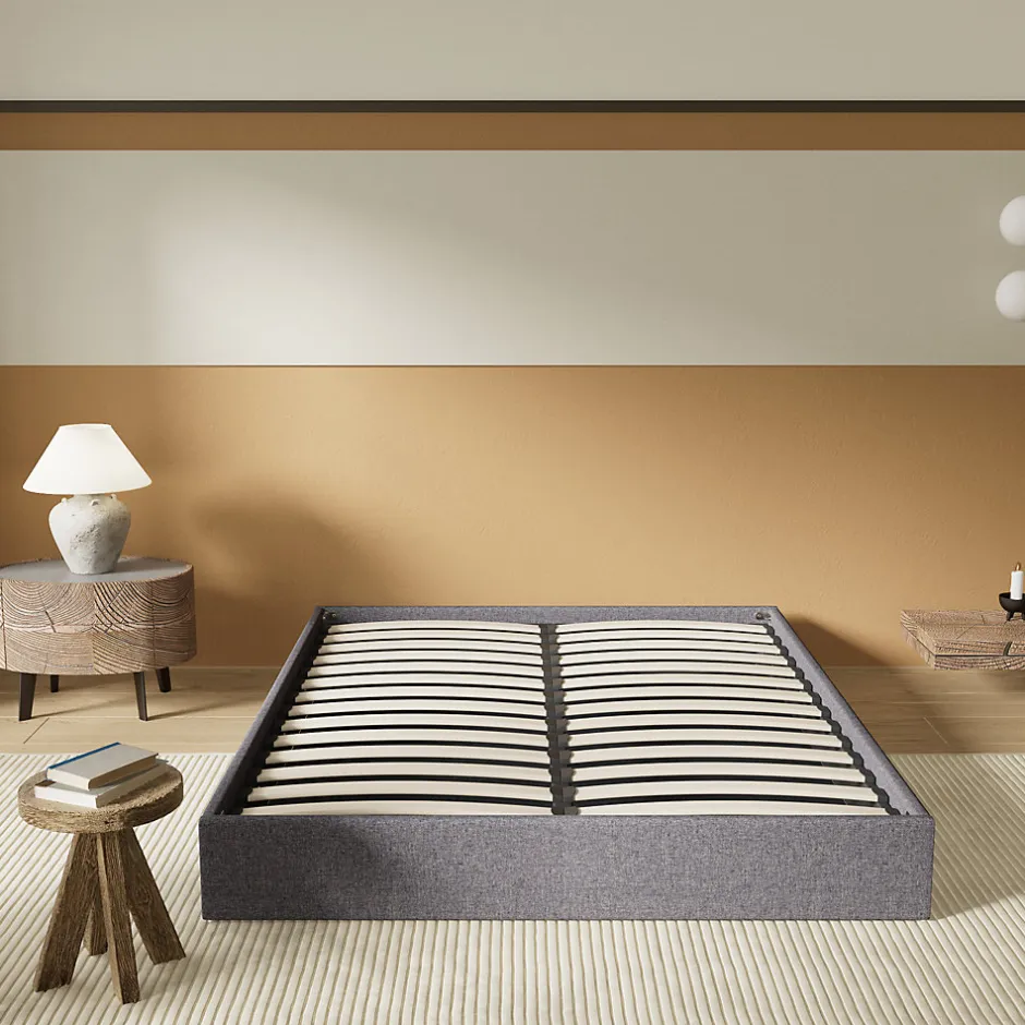 November Lit Coffre 140 x 200 cm - Sommier à lattes en bois - Cadre en tissu gris