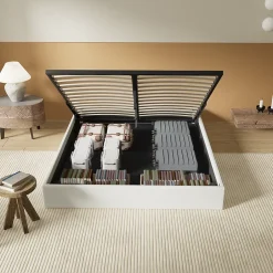 November Lit Coffre 120 x 190 cm - Sommier à lattes en bois - Cadre en tissu blanc