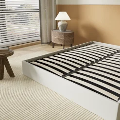 November Lit Coffre 140 x 190 cm - Sommier à lattes en bois - Cadre en tissu blanc Sale