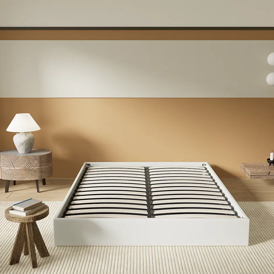 November Lit Coffre 140 x 190 cm - Sommier à lattes en bois - Cadre en tissu blanc Sale