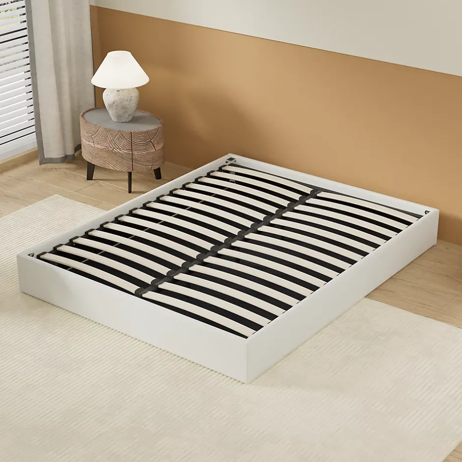 November Lit Coffre 140 x 190 cm - Sommier à lattes en bois - Cadre en tissu blanc Sale