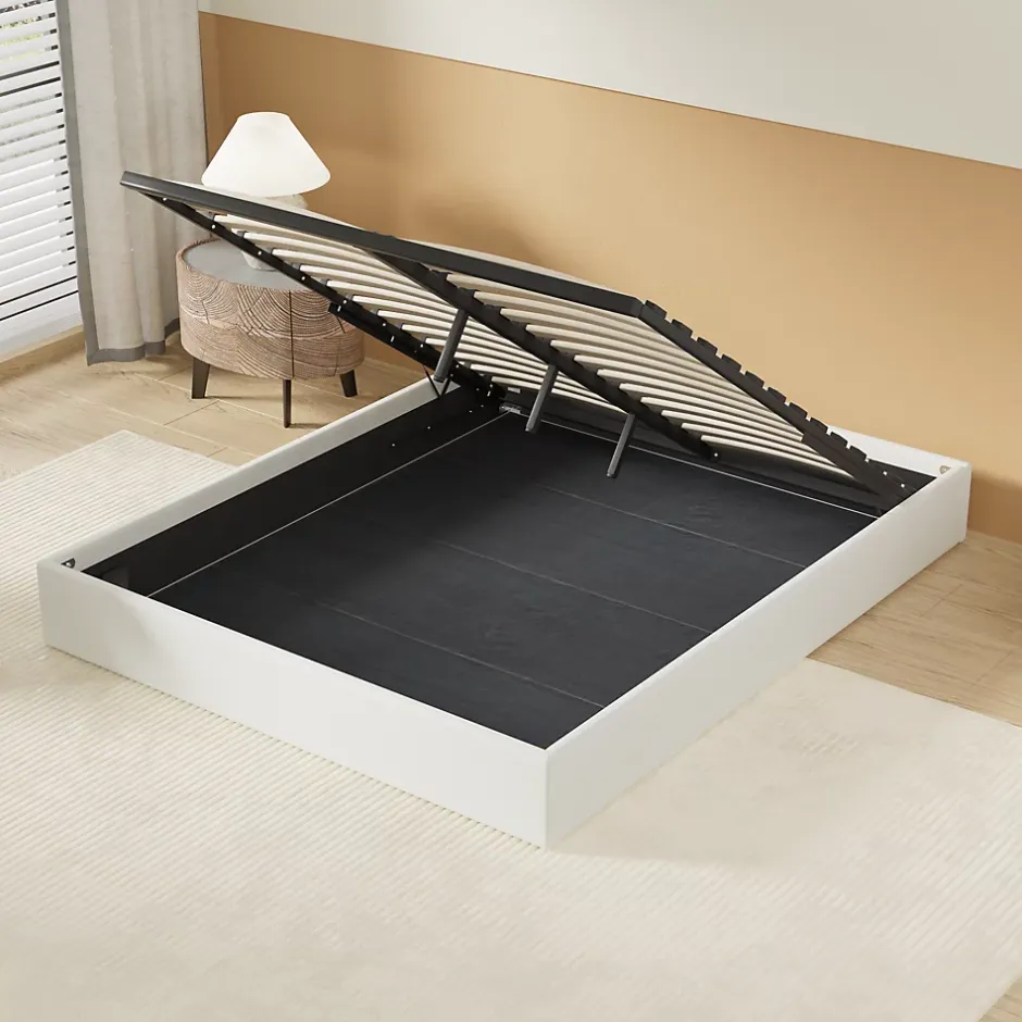 November Lit Coffre 140 x 190 cm - Sommier à lattes en bois - Cadre en tissu blanc Sale