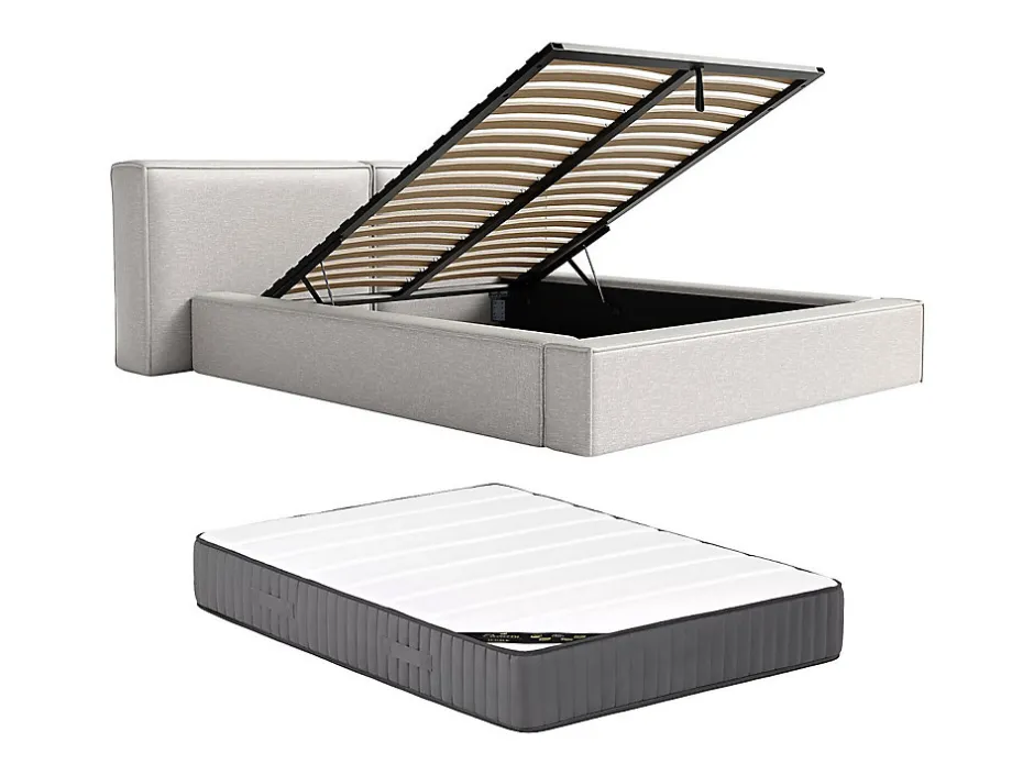 Vente-unique Lit coffre 140 x 190 cm - Tissu - Gris clair + Matelas - TIMANO