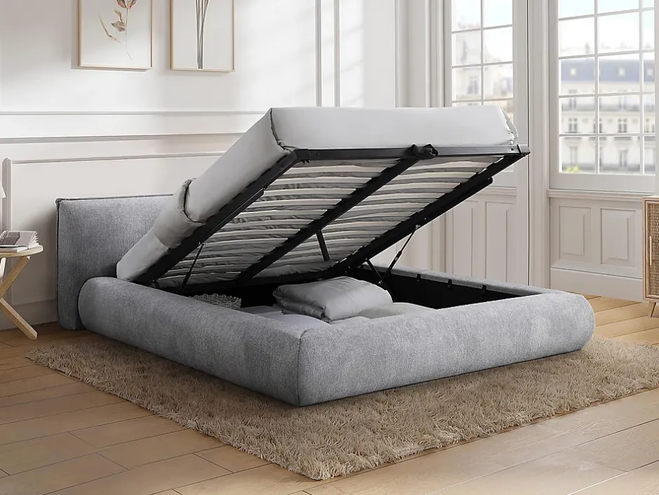 Vente-unique Lit coffre 160 x 200 cm - Tissu - Gris clair + Matelas - MIRSIO Online