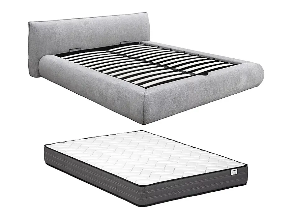 Vente-unique Lit coffre 160 x 200 cm - Tissu - Gris clair + Matelas - MIRSIO Online