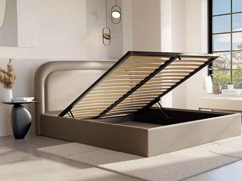 Vente-unique Lit coffre 140 x 190 cm - Tissu chiné - Beige - FIREZA II Online