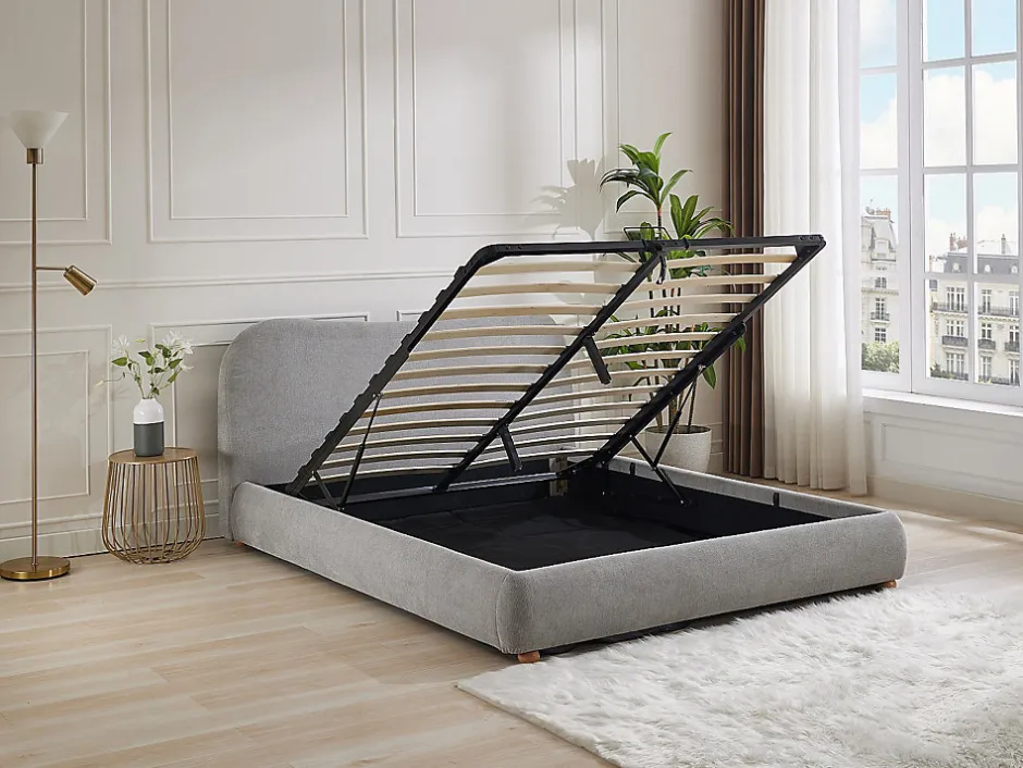 Vente-unique Lit coffre 160 x 200 cm - Tissu - Gris clair + Matelas - VANARI