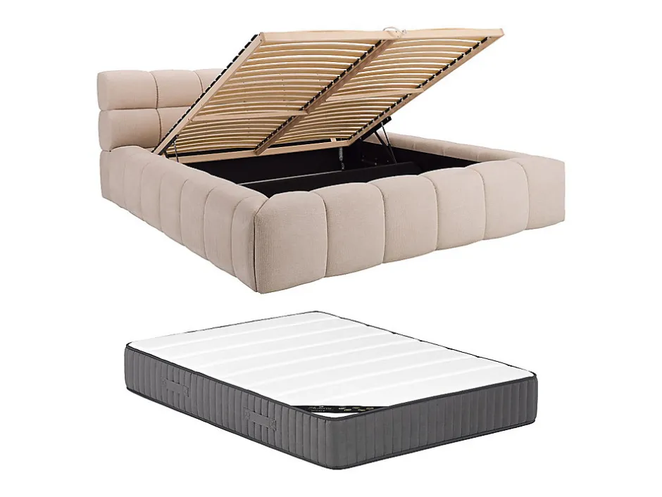 Vente-unique Lit coffre 160 x 200 cm - Tissu - Beige + Matelas - FORVIK II