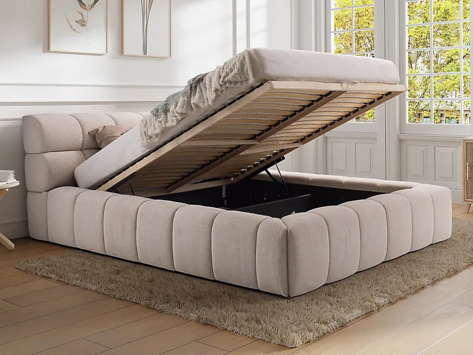 Vente-unique Lit coffre 160 x 200 cm - Tissu - Beige + Matelas - FORVIK II