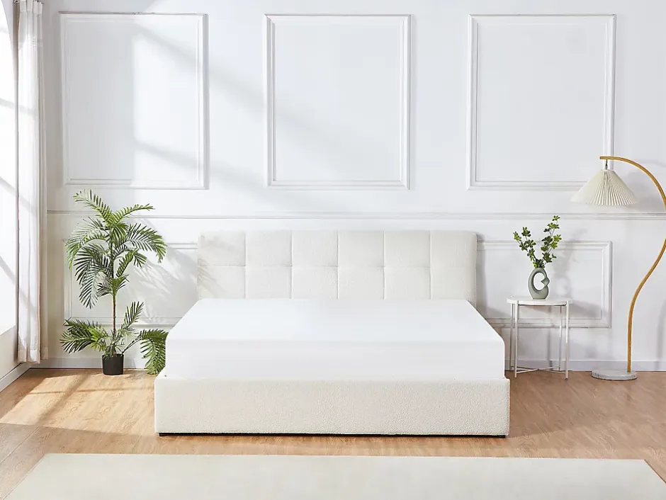 Vente-unique Lit coffre 180 x 200 cm - Tissu bouclette - Blanc + Matelas - MAZIRI Clearance