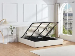 Vente-unique Lit coffre 180 x 200 cm - Tissu bouclette - Blanc + Matelas - MAZIRI Clearance