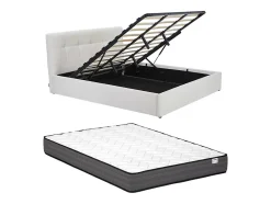 Vente-unique Lit coffre 180 x 200 cm - Tissu bouclette - Blanc + Matelas - MAZIRI Clearance
