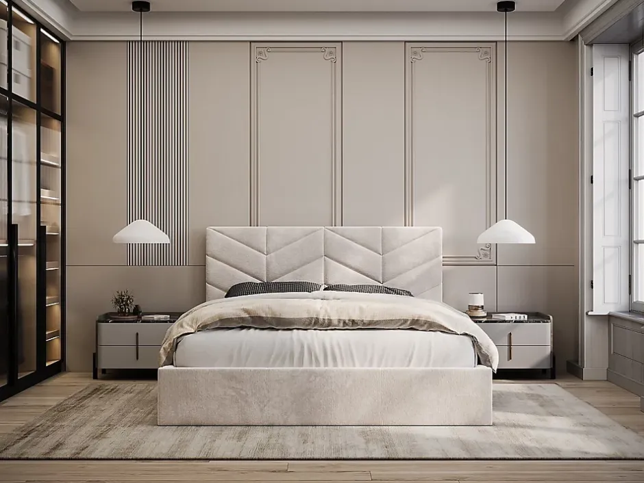 Vente-unique Lit coffre 140 x 190 cm - Tissu texturé - Crème + Matelas - JUSTANI Outlet