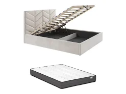 Vente-unique Lit coffre 140 x 190 cm - Tissu texturé - Crème + Matelas - JUSTANI Outlet
