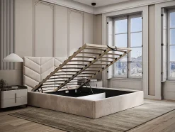 Vente-unique Lit coffre 140 x 190 cm - Tissu texturé - Crème + Matelas - JUSTANI Outlet