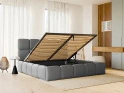 Vente-unique Lit coffre 140 x 190 cm - Tissu effet cuir - Gris - DAMADO