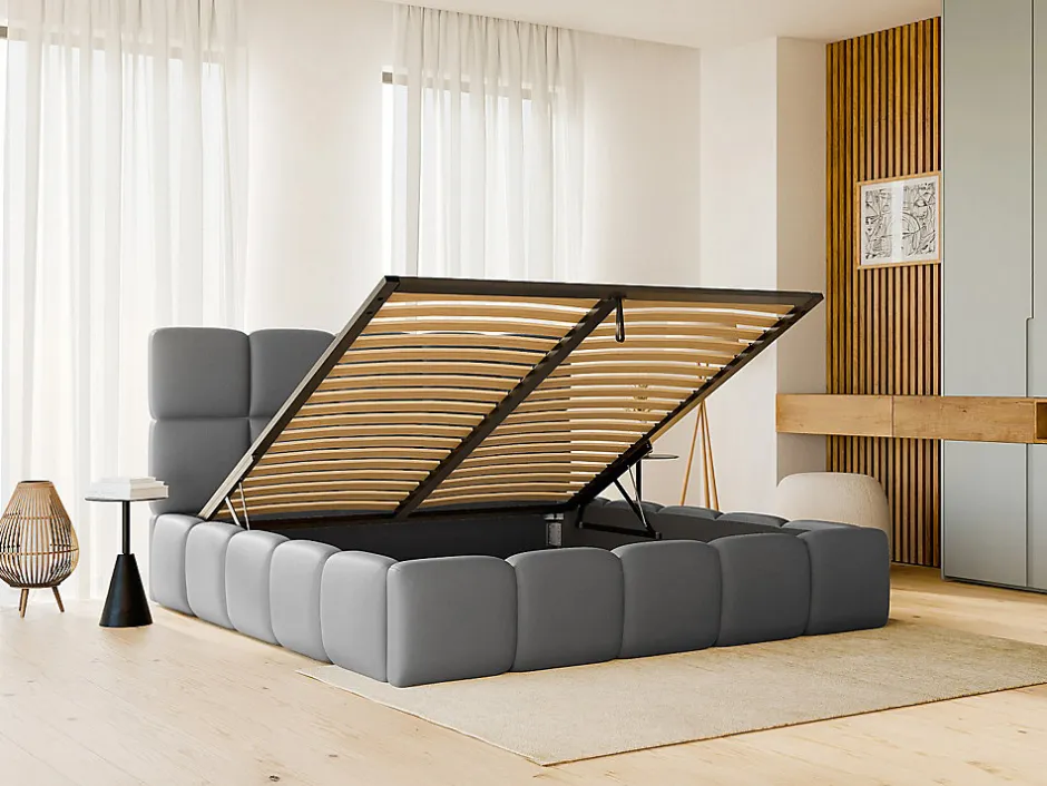 Vente-unique Lit coffre 140 x 190 cm - Tissu effet cuir - Gris - DAMADO