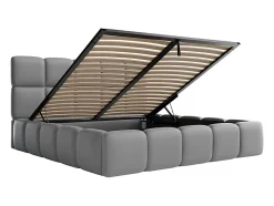 Vente-unique Lit coffre 140 x 190 cm - Tissu effet cuir - Gris - DAMADO