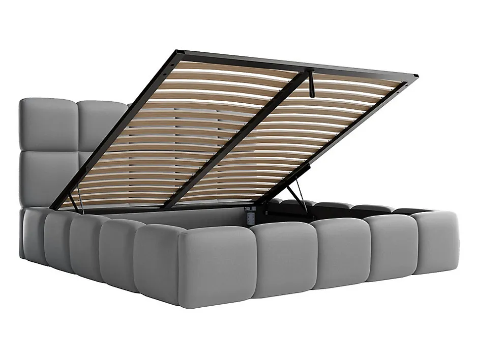 Vente-unique Lit coffre 140 x 190 cm - Tissu effet cuir - Gris - DAMADO