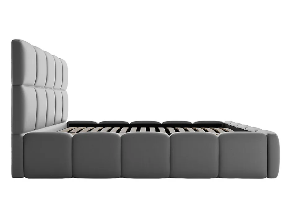 Vente-unique Lit coffre 140 x 190 cm - Tissu effet cuir - Gris - DAMADO