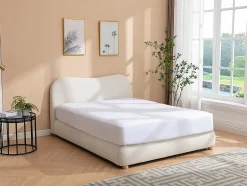Vente-unique Lit coffre 160 x 200 cm - Tissu bouclette - Blanc + Matelas - VANARI