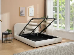 Vente-unique Lit coffre 160 x 200 cm - Tissu bouclette - Blanc + Matelas - VANARI