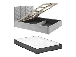 Vente-unique Lit coffre 200 x 200 cm - Tissu texturé - Gris + Matelas - JUSTANI
