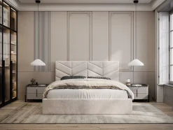 Vente-unique Lit coffre 180 x 200 cm - Tissu texturé - Crème - JUSTANI Discount