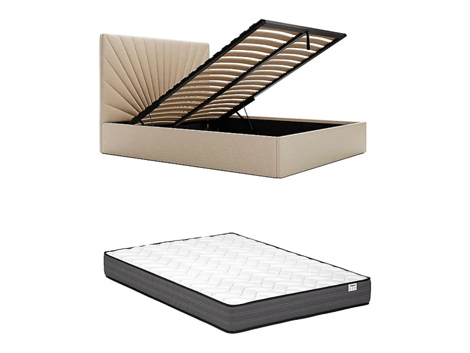 Vente-unique Lit coffre 180 x 200 cm - Tissu - Beige + Matelas - RILIODA