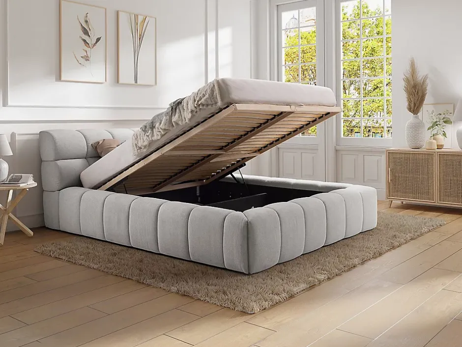 Vente-unique Lit coffre 180 x 200 cm - Tissu - Gris clair + Matelas - FORVIK Online