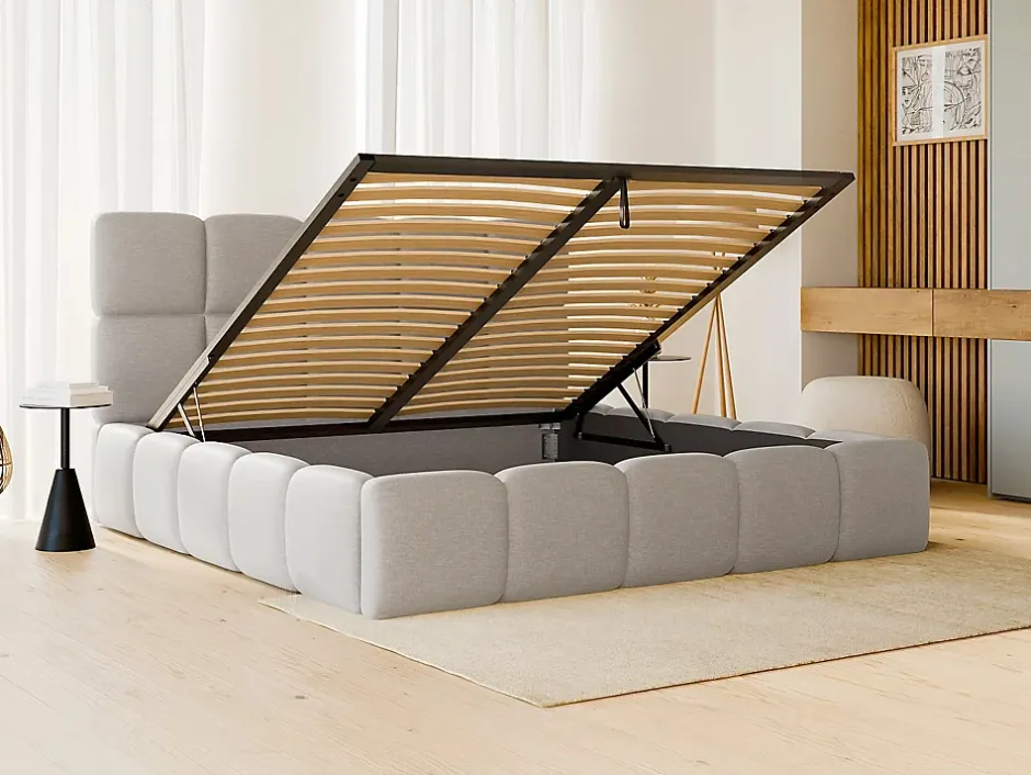 Vente-unique Lit coffre 180 x 200 cm - Tissu chiné - Gris clair - DAMADO II