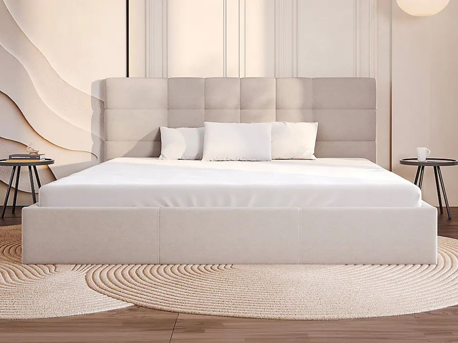 Vente-unique Lit coffre 200 x 200 cm - Tissu - Beige - ELIAVA Discount