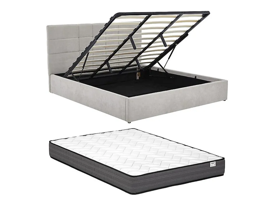 Vente-unique Lit coffre 180 x 200 cm - Tissu - Gris + Matelas - HOPEYA