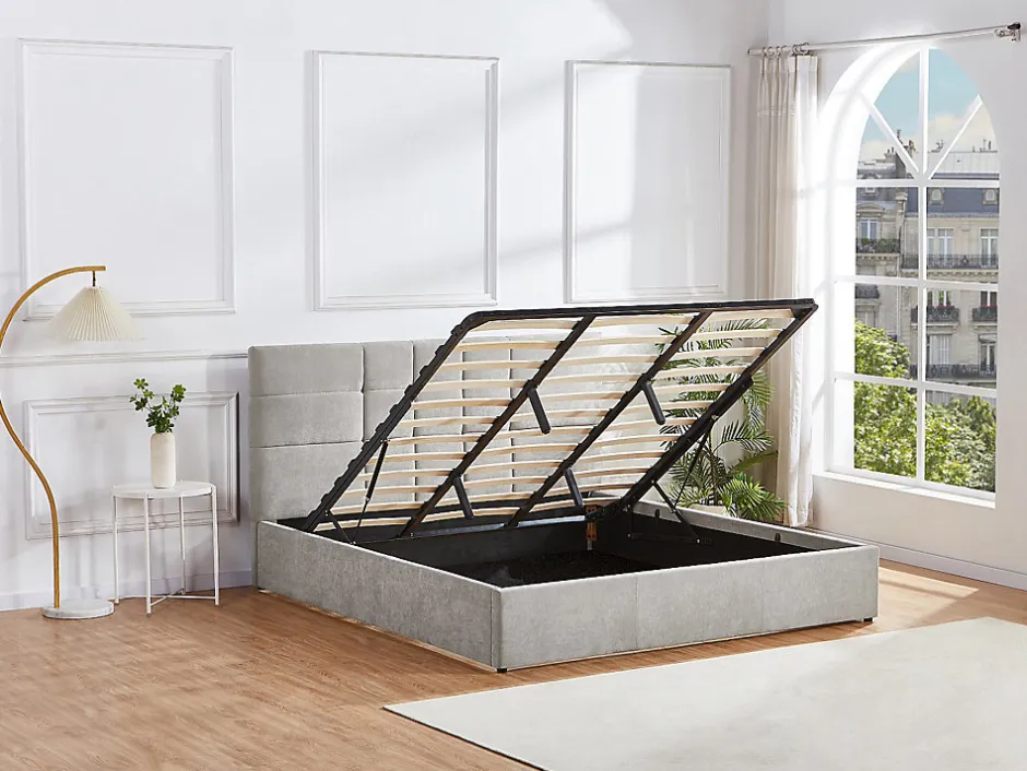 Vente-unique Lit coffre 180 x 200 cm - Tissu - Gris + Matelas - HOPEYA