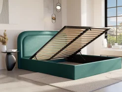 Vente-unique Lit coffre 180 x 200 cm - Tissu chiné - Bleu canard + Matelas - FIREZA