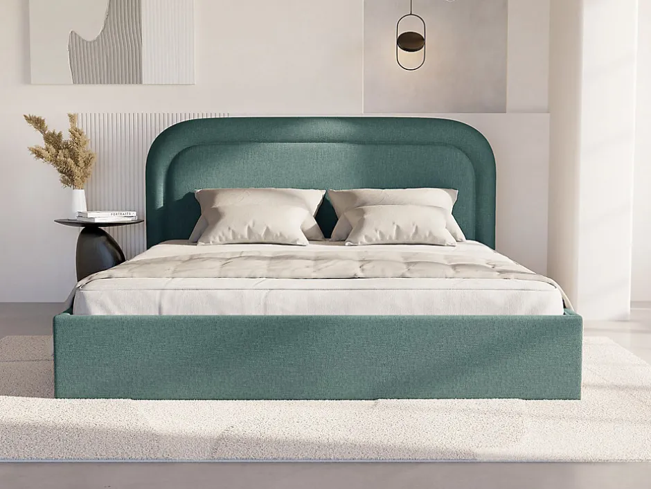 Vente-unique Lit coffre 180 x 200 cm - Tissu chiné - Bleu canard + Matelas - FIREZA