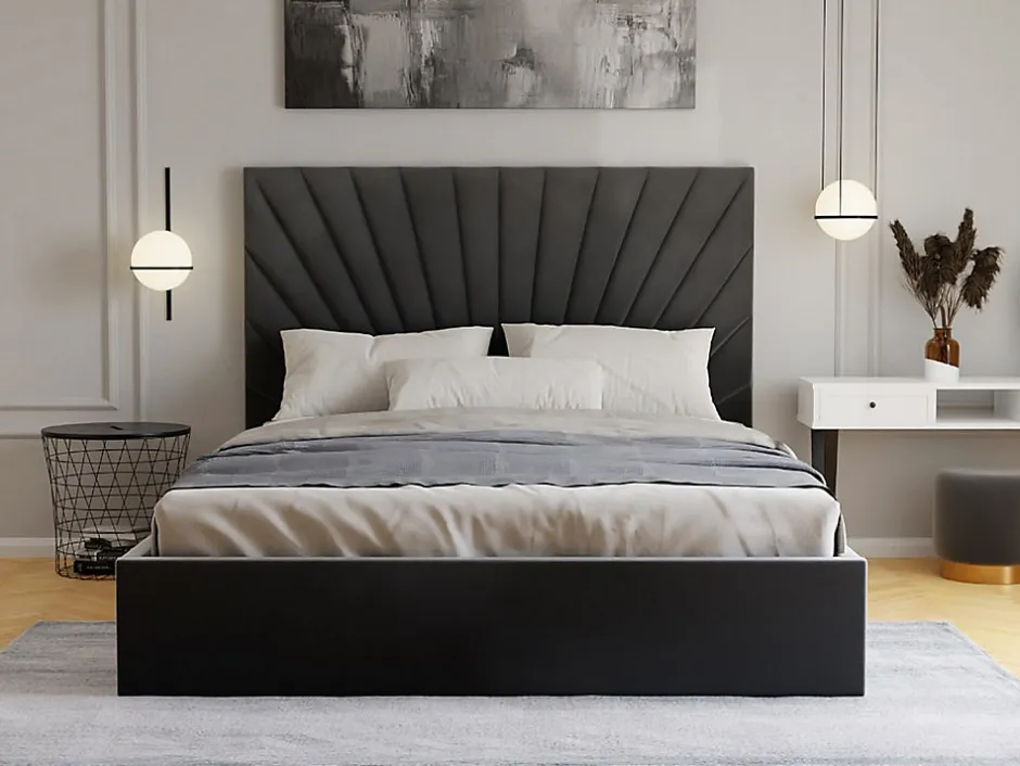 Vente-unique Lit coffre 180 x 200 cm - Velours - Gris anthracite + Matelas - RILIODA