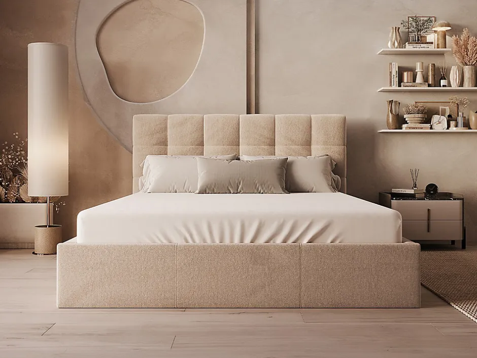 Vente-unique Lit coffre 200 x 200 cm - Velours - Beige - MIRDAL Outlet