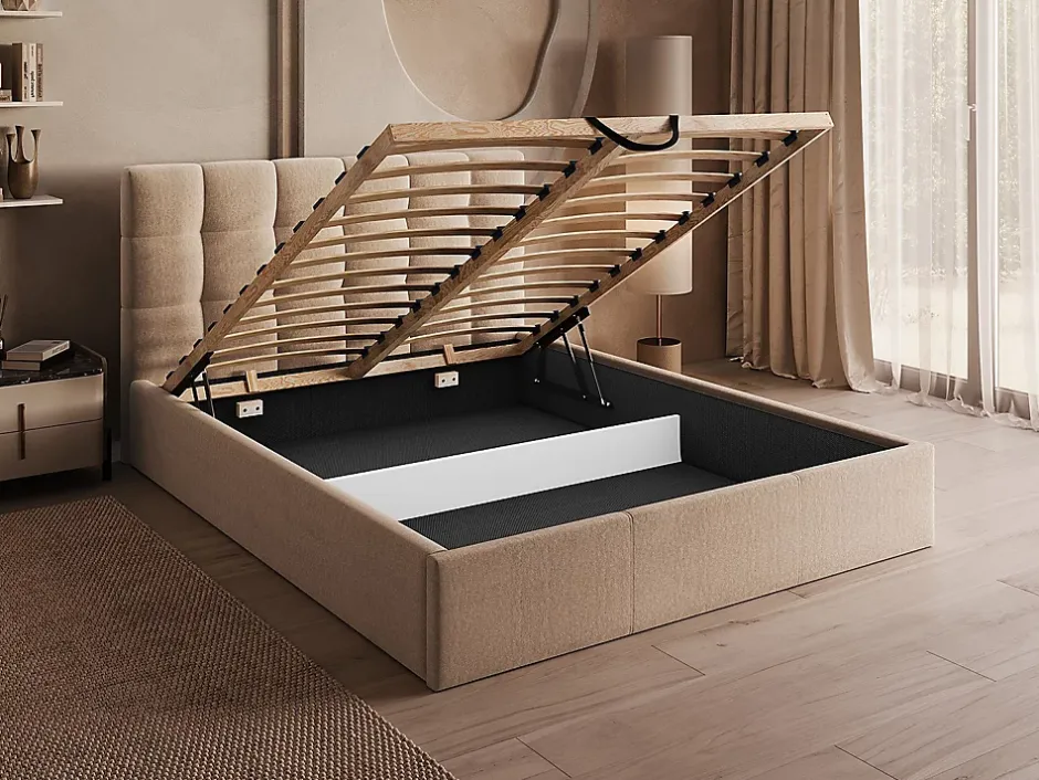 Vente-unique Lit coffre 200 x 200 cm - Velours - Beige - MIRDAL Outlet