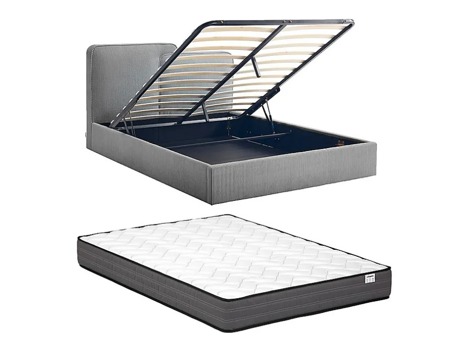 Vente-unique Lit coffre 180 x 200 cm - Velours côtelé - Gris + Matelas - NAYOLA