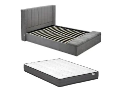 Vente-unique Lit coffre 160 x 200 cm avec banc - Tissu - Gris + Matelas - DOUINO