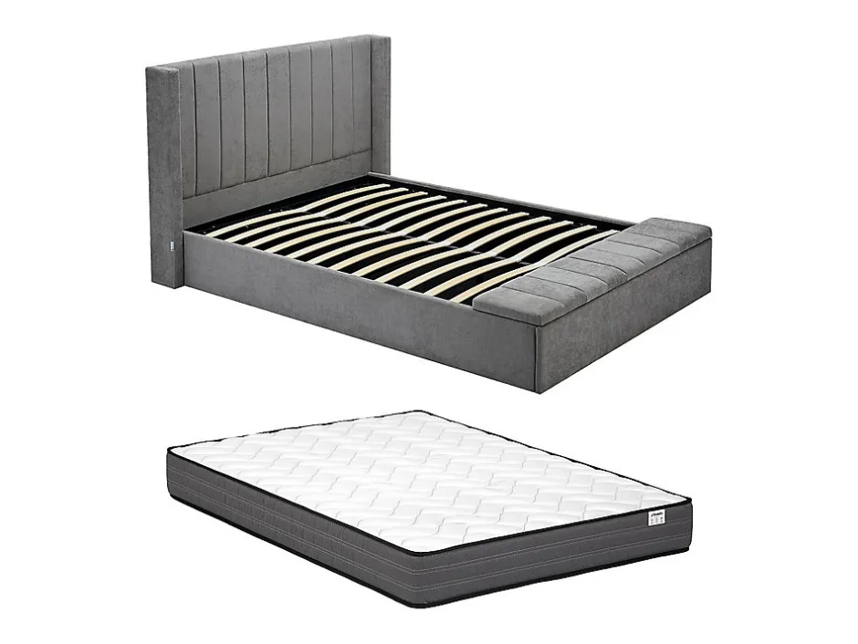 Vente-unique Lit coffre 160 x 200 cm avec banc - Tissu - Gris + Matelas - DOUINO