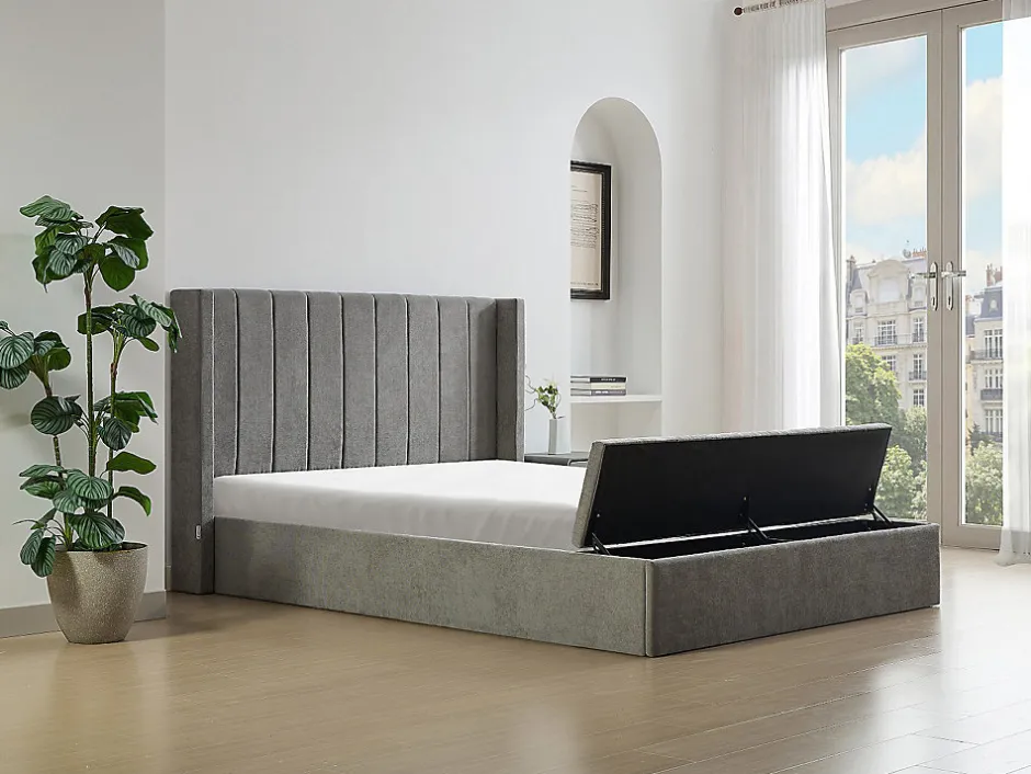 Vente-unique Lit coffre 160 x 200 cm avec banc - Tissu - Gris + Matelas - DOUINO