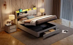 Fortuna lai Lit Coffre 140 X 200 Cm Avec Éclairage LED Et Chargement USB, Avec Tiroirs, Velours, Blanc Cassé Sale