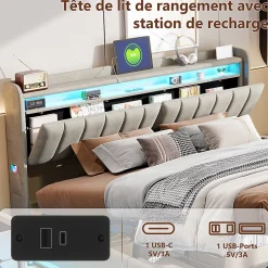Fortuna lai Lit Coffre 160 X 200 Cm Avec LED Et Ports USB, Étagères Ouvertes Et Rangements Cachés, Gris Sale