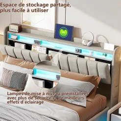 Fortuna lai Lit Coffre 160 X 200 Cm Avec LED Et Ports USB, Étagères Ouvertes Et Rangements Cachés, Gris Sale
