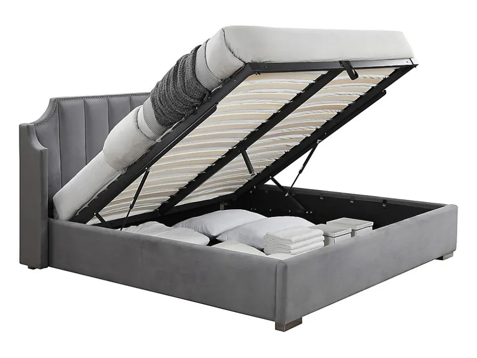 Vente-unique Lit coffre 160 x 200 cm avec tête de lit incurvée - Velours - Gris clair + Matelas - TEOMIS Outlet
