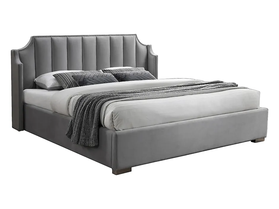 Vente-unique Lit coffre 160 x 200 cm avec tête de lit incurvée - Velours - Gris clair + Matelas - TEOMIS Outlet