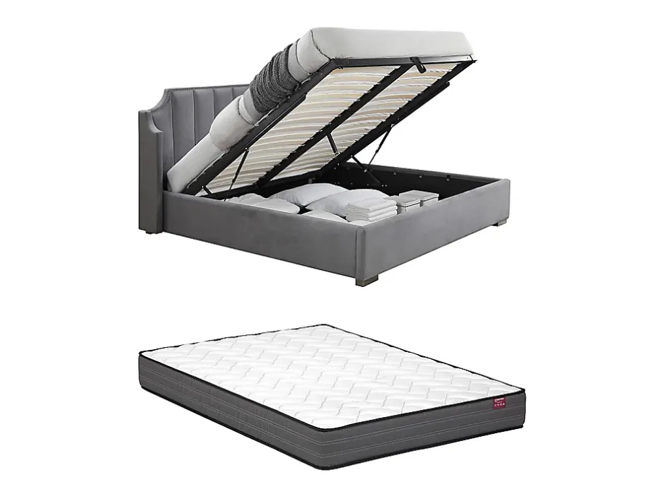 Vente-unique Lit coffre 160 x 200 cm avec tête de lit incurvée - Velours - Gris clair + Matelas - TEOMIS Outlet